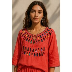 Mexican Folk Doll Embroidered Peasant Blouse Ethnic Authentic Salmon Pink Top L